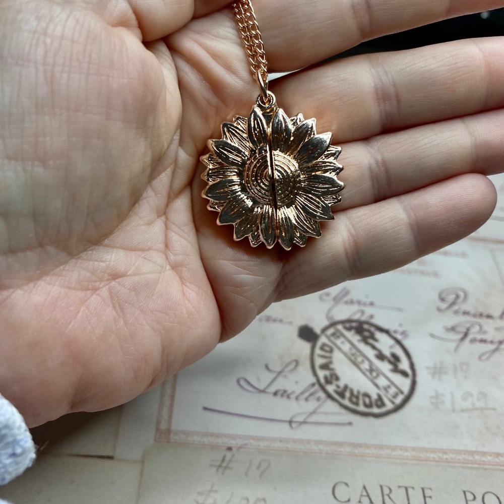 Rose Gold Tone Sunflower Locket Necklace - Picture 4 of 4